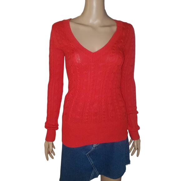 American Eagle Outfitters Sweaters - American Eagle XS Red Cable Open Knit V-Neck Sweater LS Fitted Y2K Bella Swan